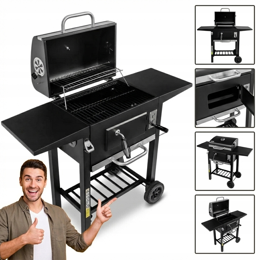 GRILL WĘGLOWY DUŻY PRZENOŚNY POKRYWA TERMOMETR 110CM OGRODOWY